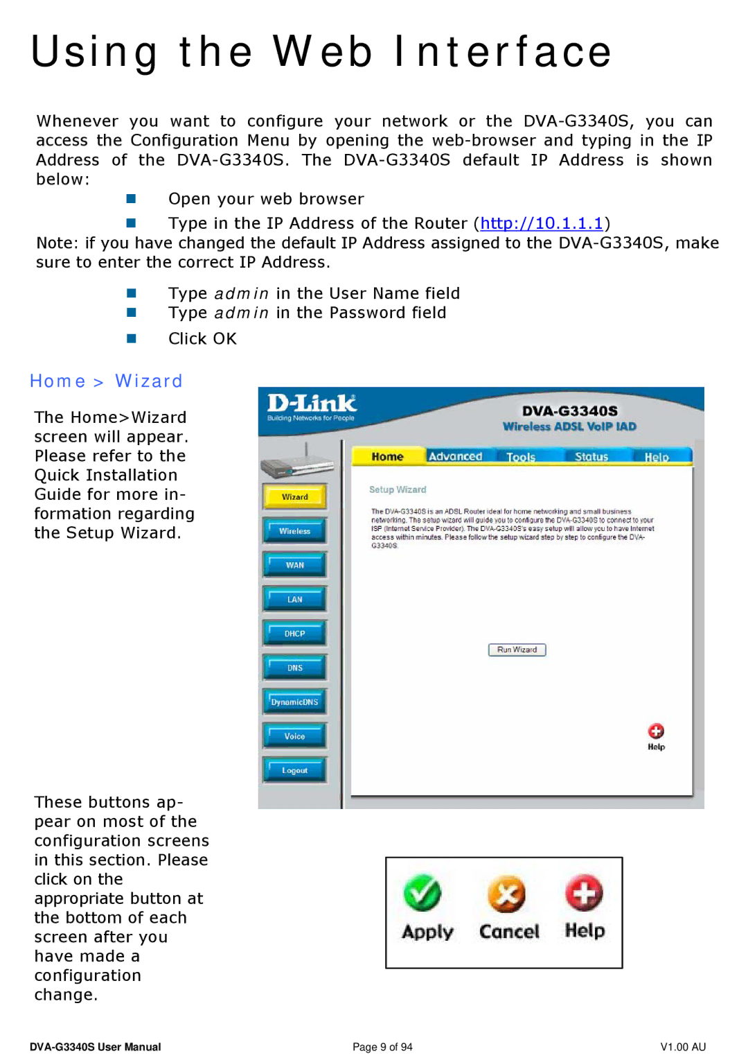 D-Link DVA-G3340S manual Using the Web Interface, Home Wizard 