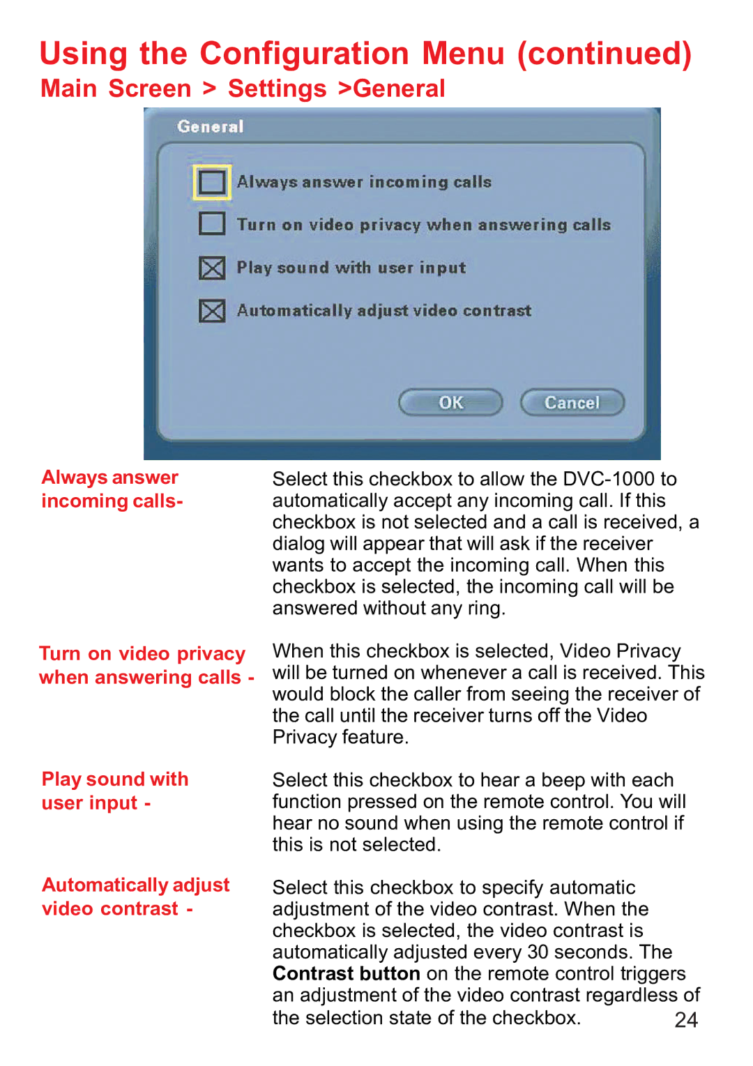 D-Link DVC-1000 Main Screen Settings General, Always answer incoming calls, Turn on video privacy when answering calls 