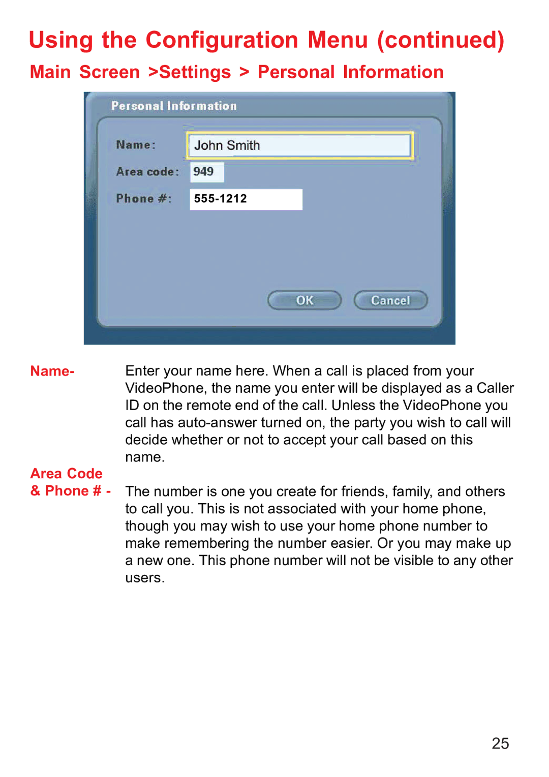 D-Link DVC-1000 manual Main Screen Settings Personal Information, Area Code 