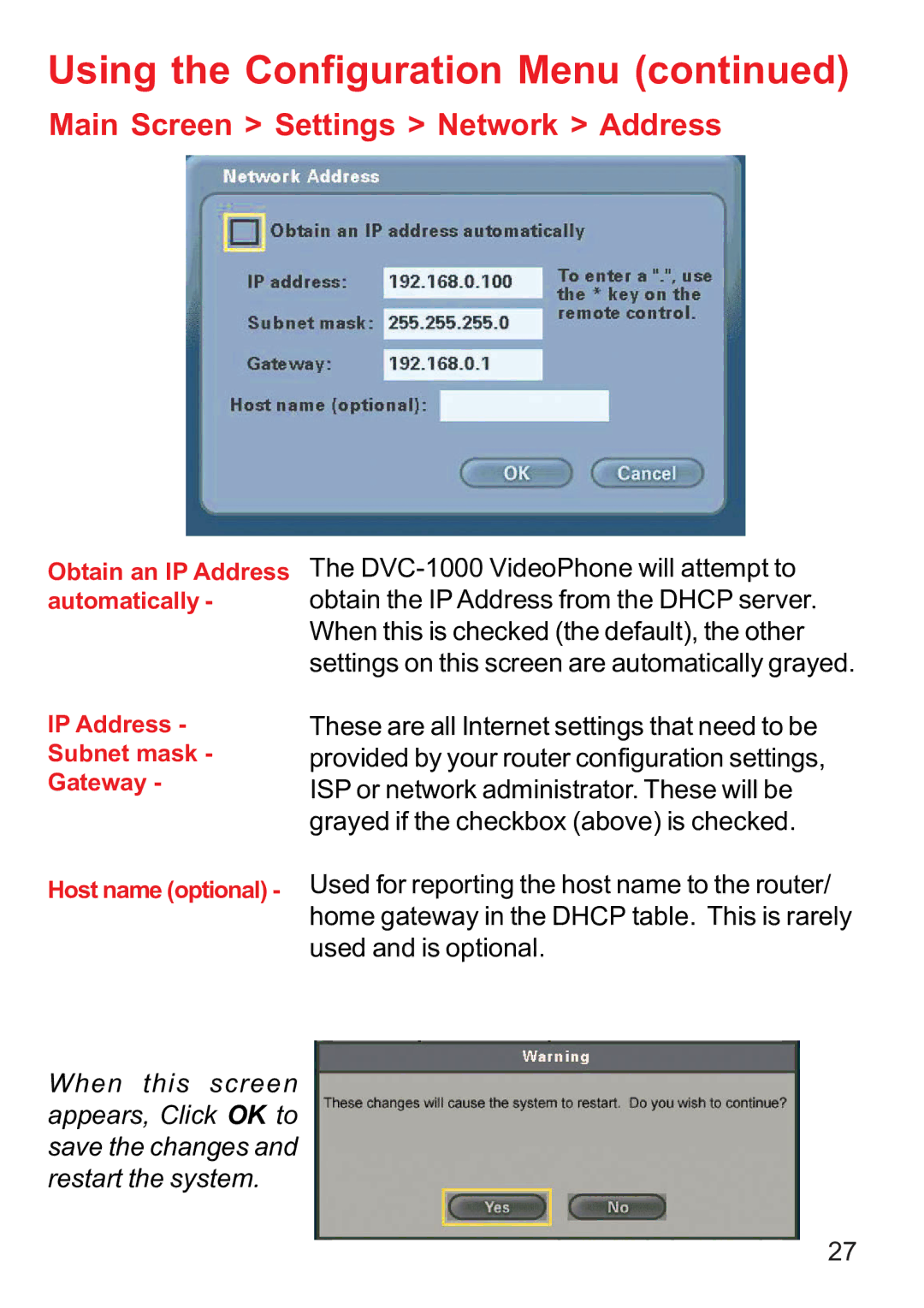 D-Link DVC-1000 Main Screen Settings Network Address, Obtain an IP Address automatically, IP Address Subnet mask Gateway 