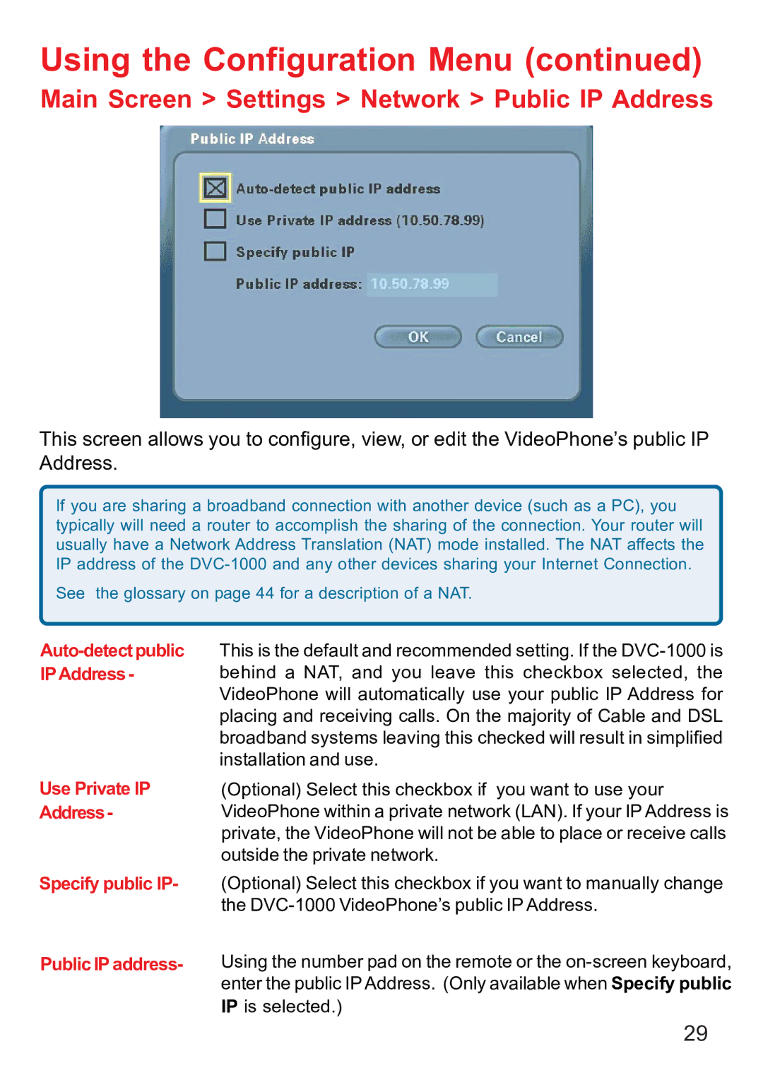 D-Link DVC-1000 Main Screen Settings Network Public IP Address, Use Private IP Address Specify public IP Public IP address 