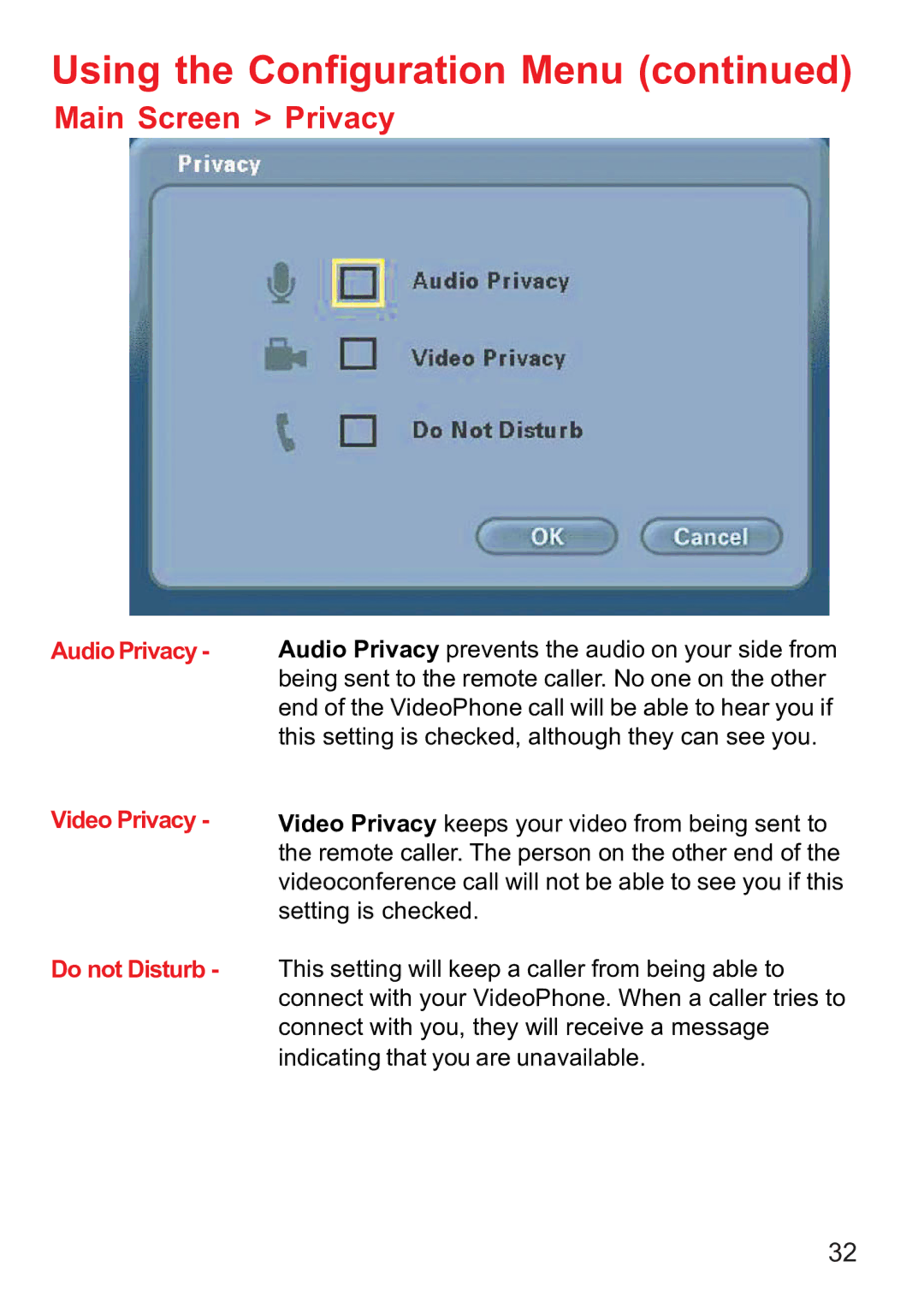 D-Link DVC-1000 manual Main Screen Privacy, Audio Privacy, Video Privacy Do not Disturb 