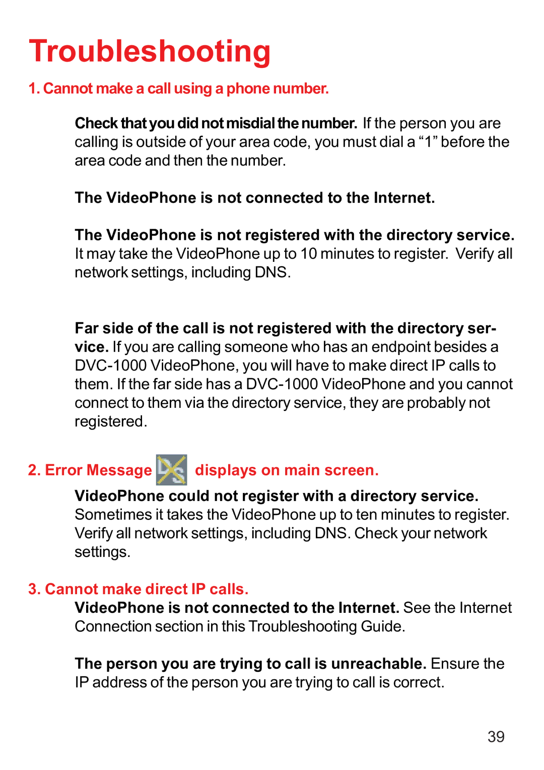 D-Link DVC-1000 manual Troubleshooting, Cannot make a call using a phone number, Error Message displays on main screen 