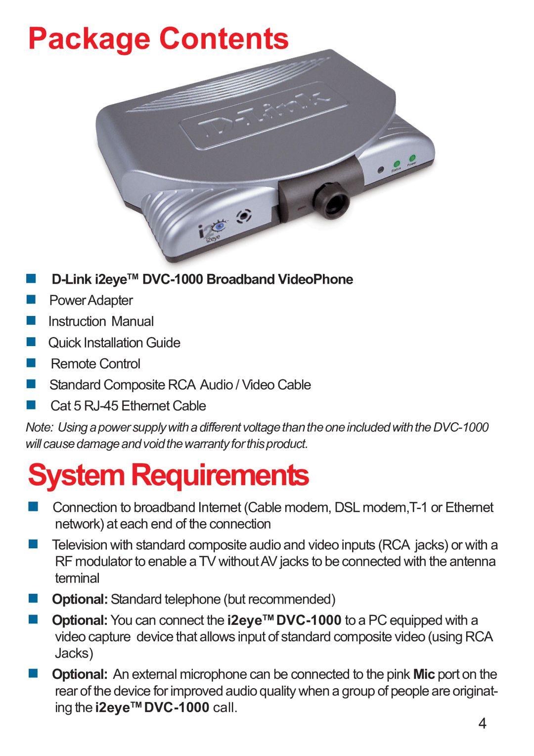 D-Link DVC-1000 manual Package Contents, System Requirements 