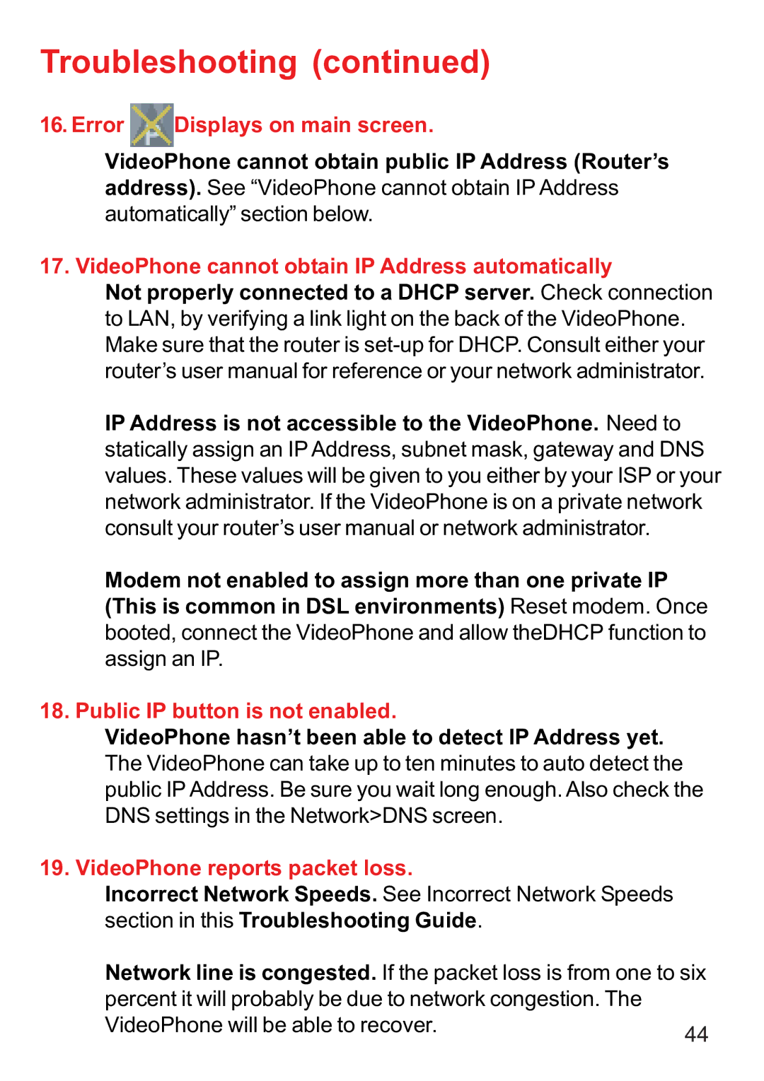 D-Link DVC-1000 manual Error Displays on main screen, VideoPhone cannot obtain IP Address automatically 