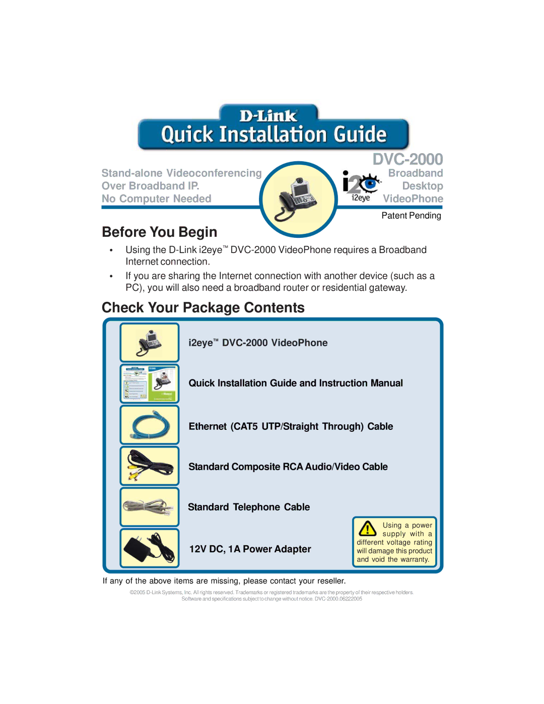 D-Link DVC-2000 warranty Before You Begin, Check Your Package Contents 