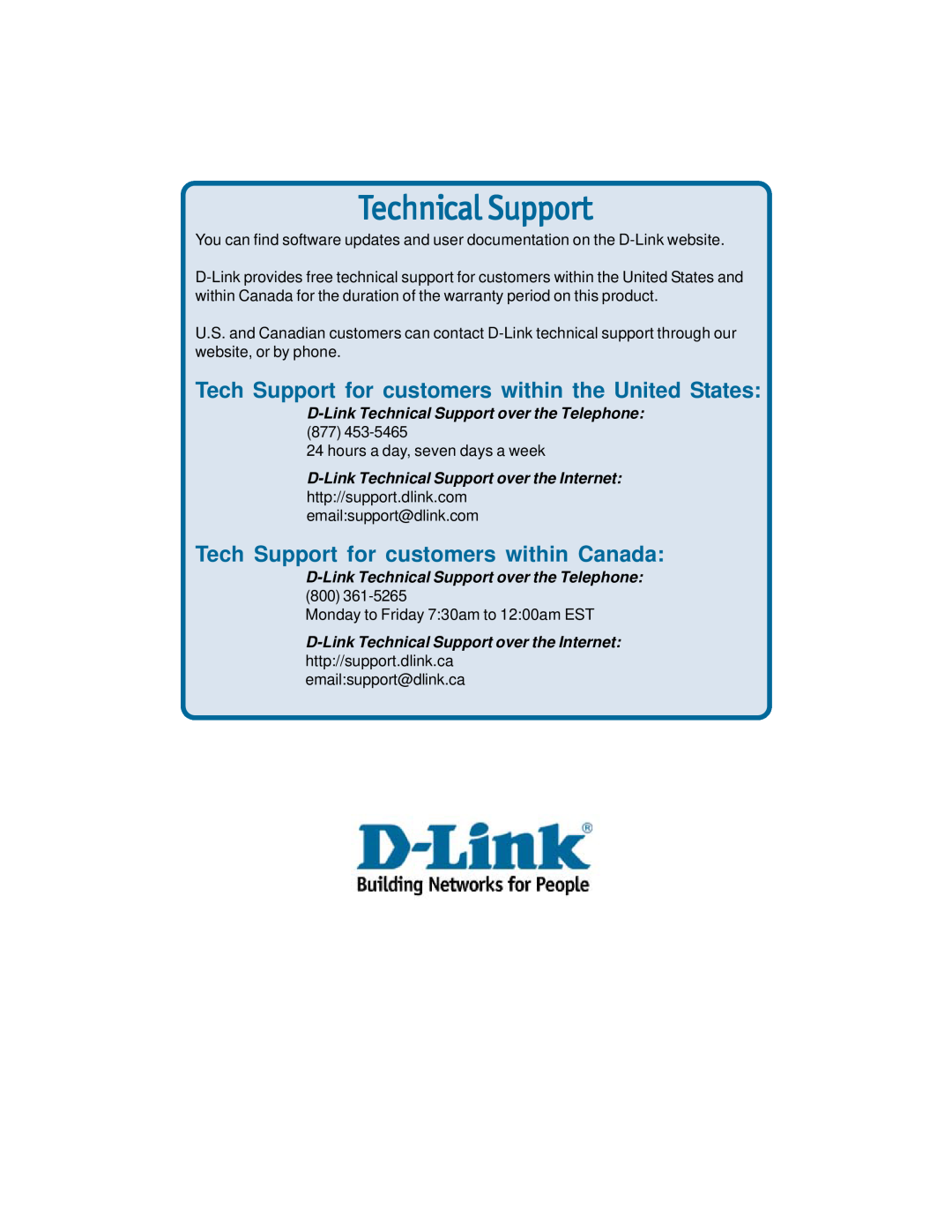 D-Link DVC-2000 warranty Technical Support, Tech Support for customers within the United States 
