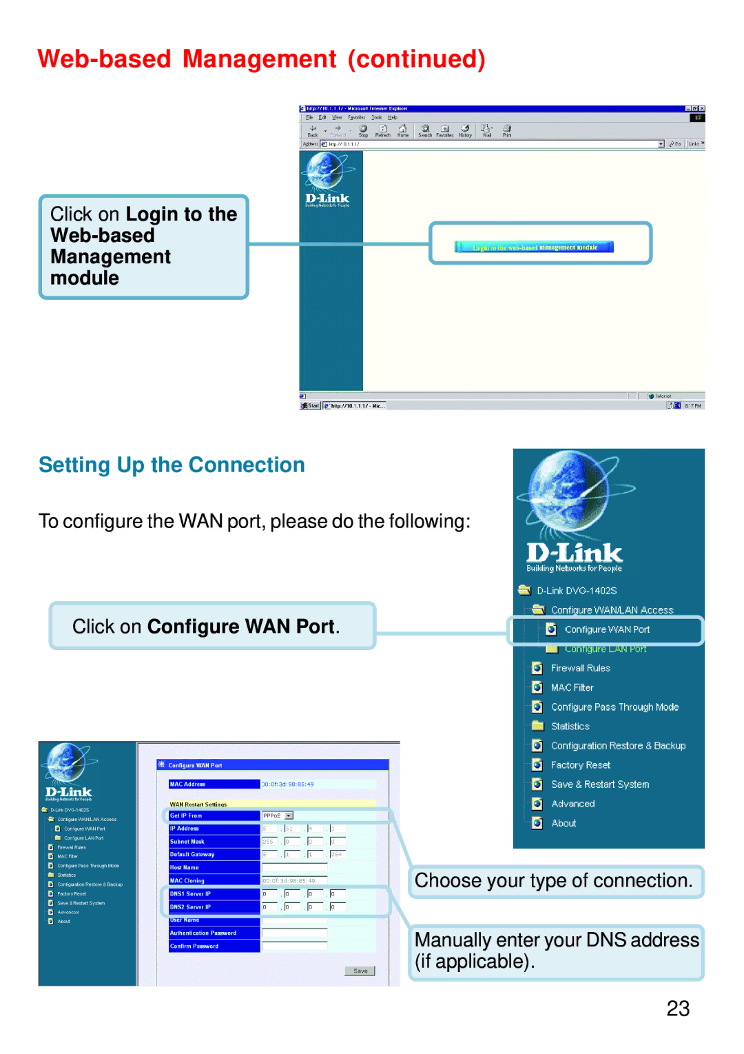 D-Link DVG-1402S manual Click on Login to Web-based Management module, Click on Configure WAN Port 