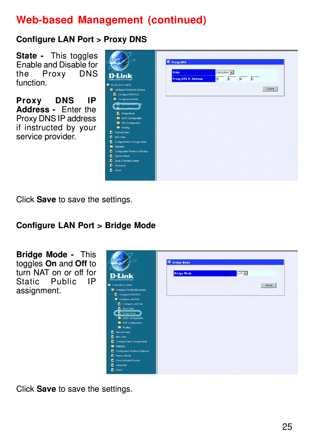 D-Link DVG-1402S manual Configure LAN Port Proxy DNS 