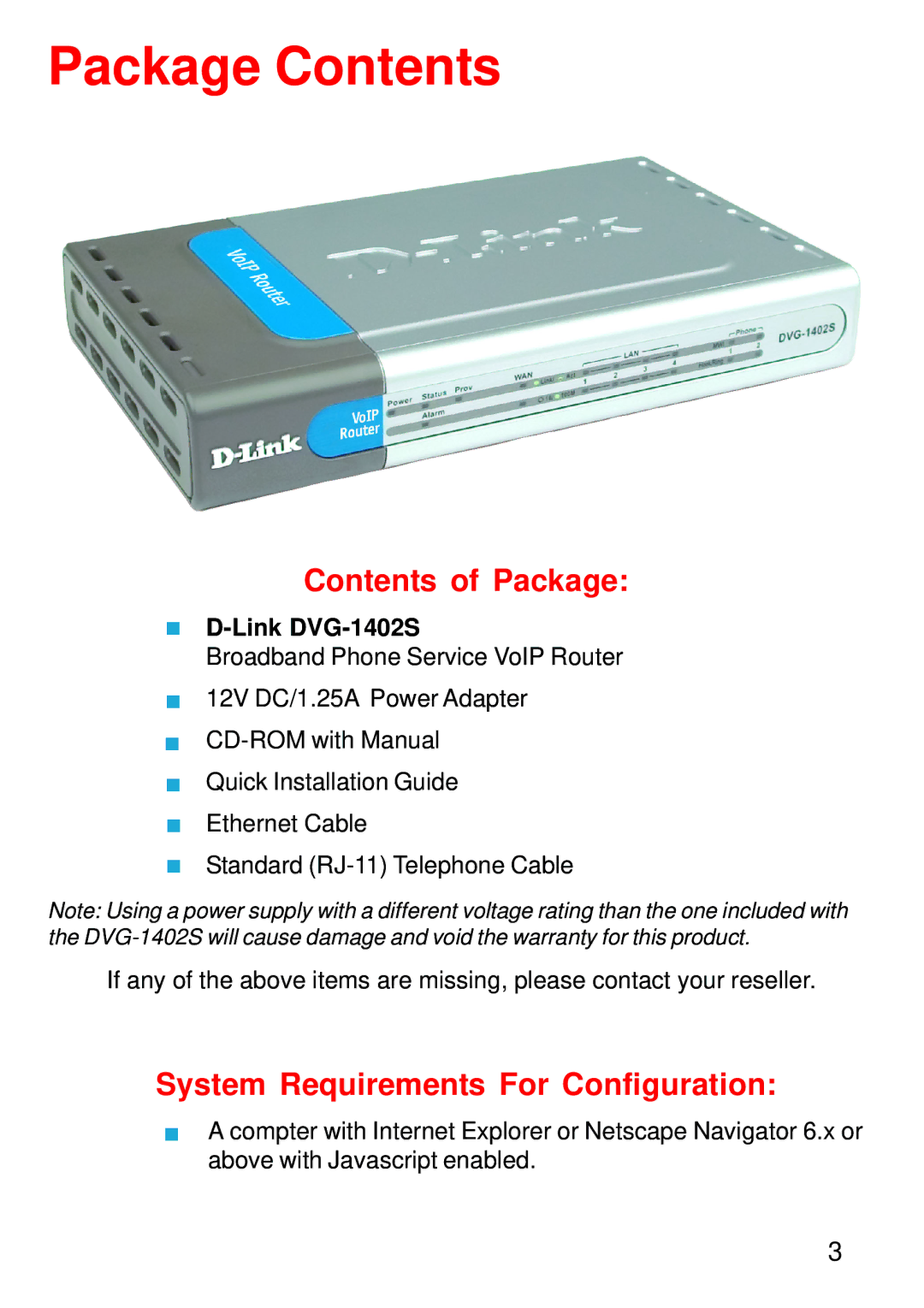 D-Link DVG-1402S manual Package Contents 