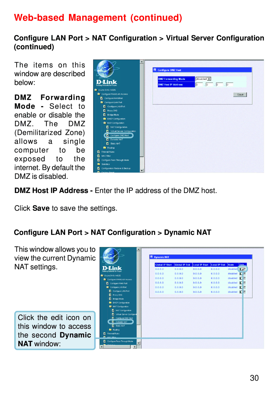 D-Link DVG-1402S manual Configure LAN Port NAT Configuration Dynamic NAT 