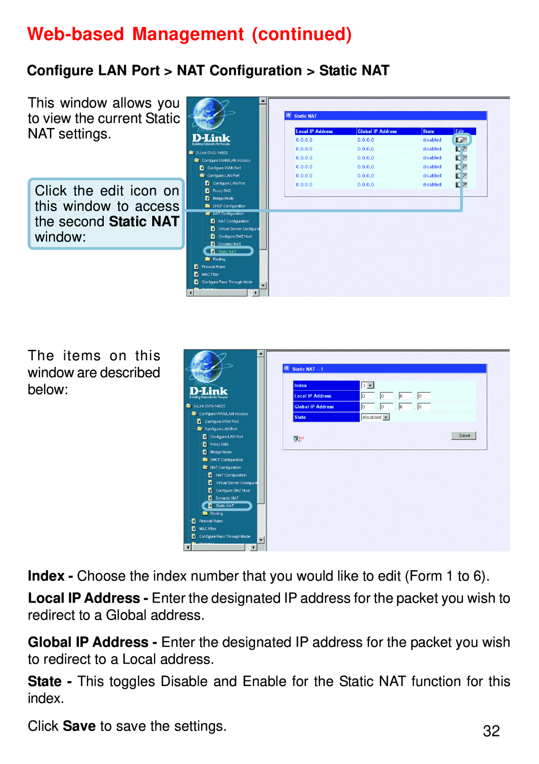 D-Link DVG-1402S manual Configure LAN Port NAT Configuration Static NAT 