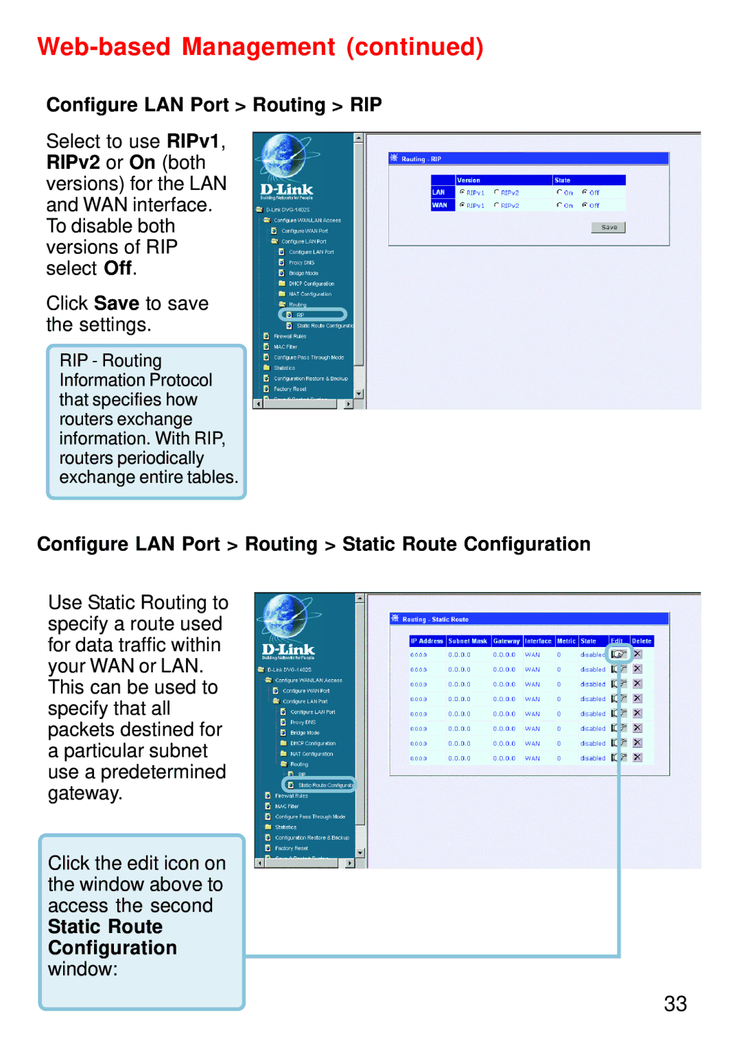 D-Link DVG-1402S manual Configure LAN Port Routing RIP, Configure LAN Port Routing Static Route Configuration 