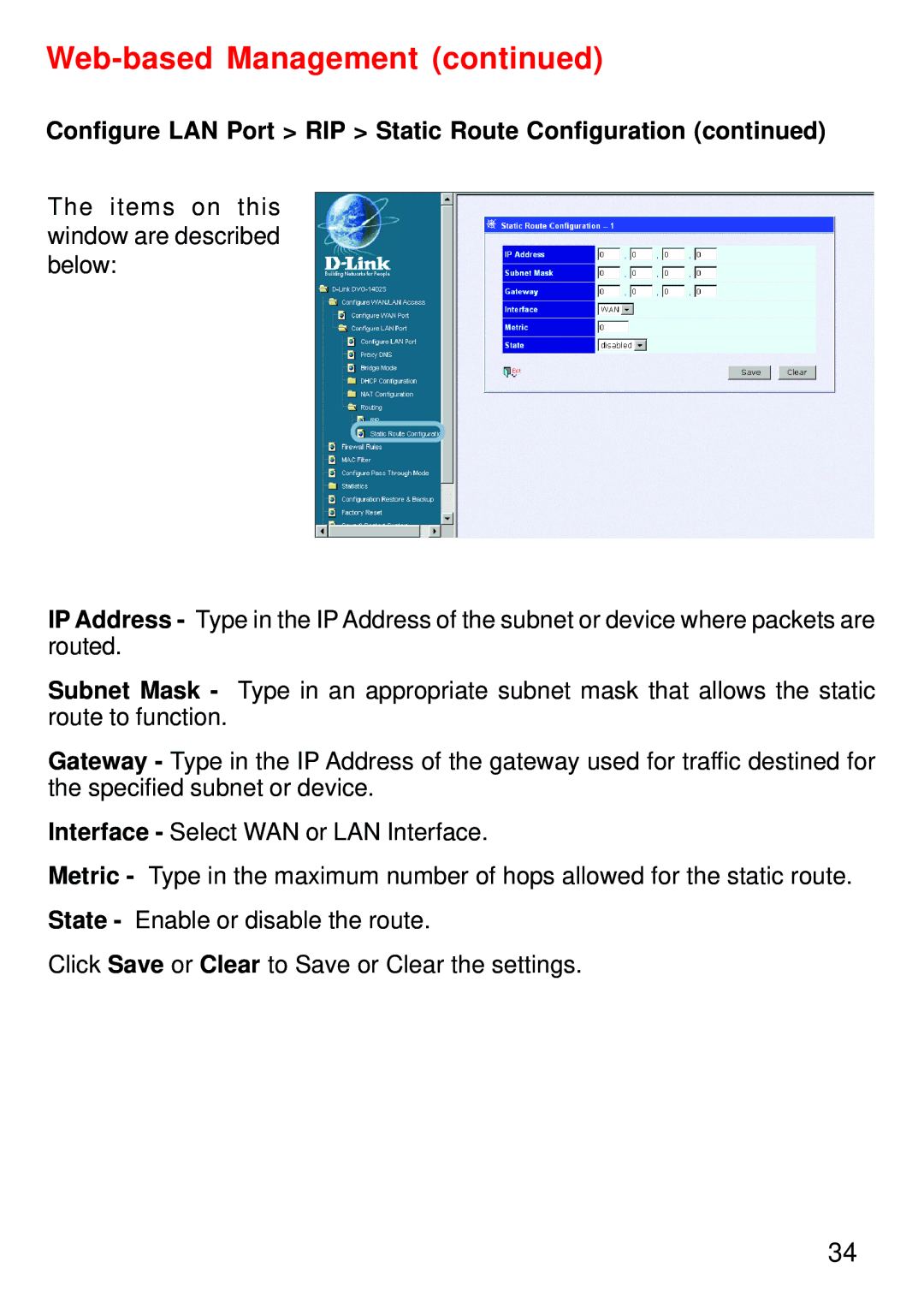 D-Link DVG-1402S manual Configure LAN Port RIP Static Route Configuration 