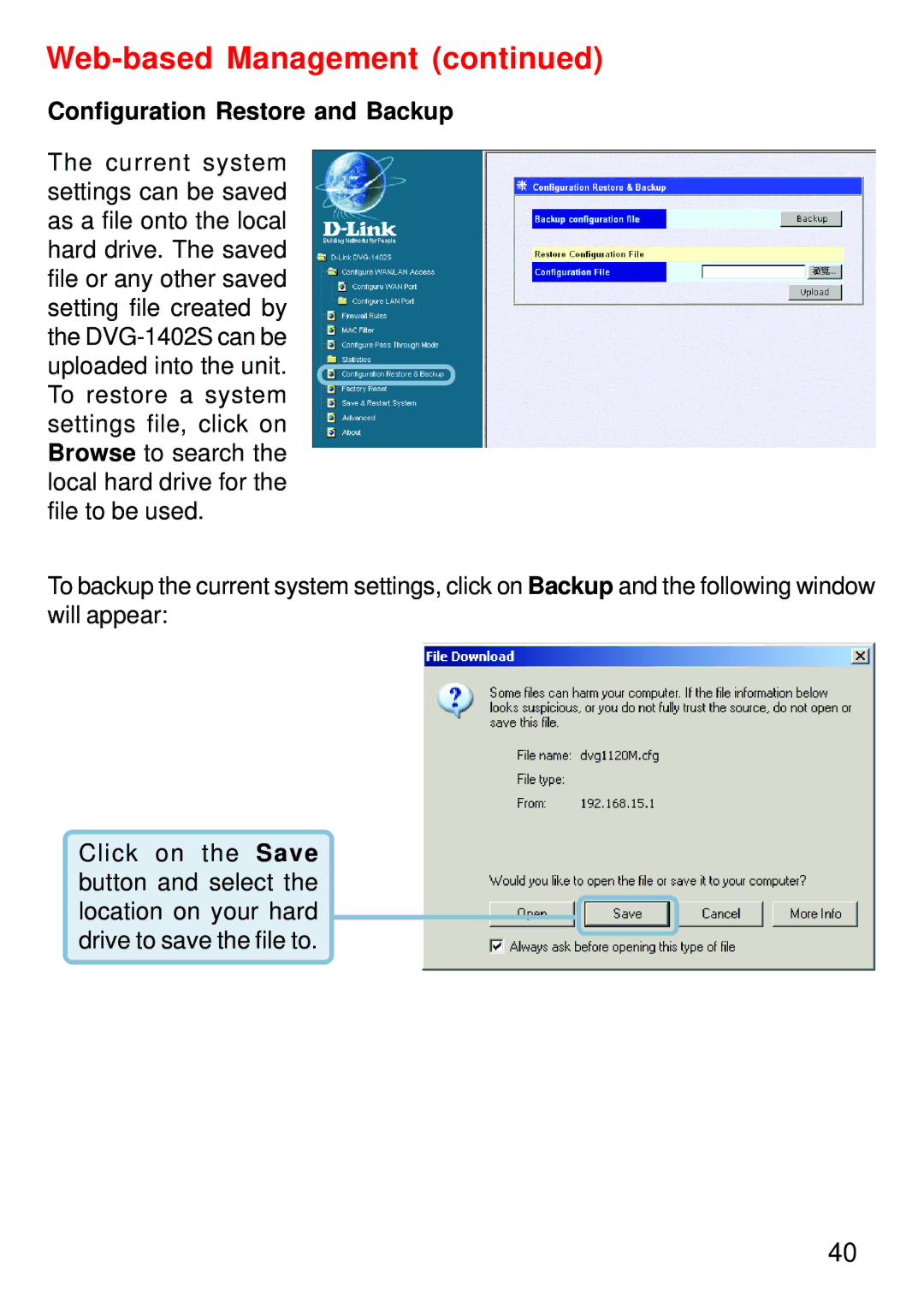 D-Link DVG-1402S manual Configuration Restore and Backup 