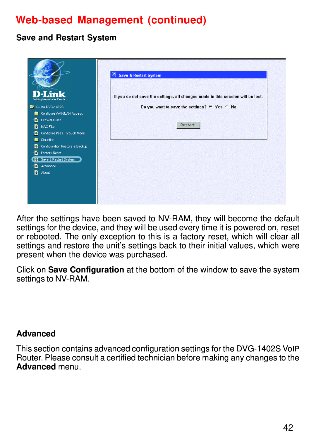 D-Link DVG-1402S manual Save and Restart System, Advanced 