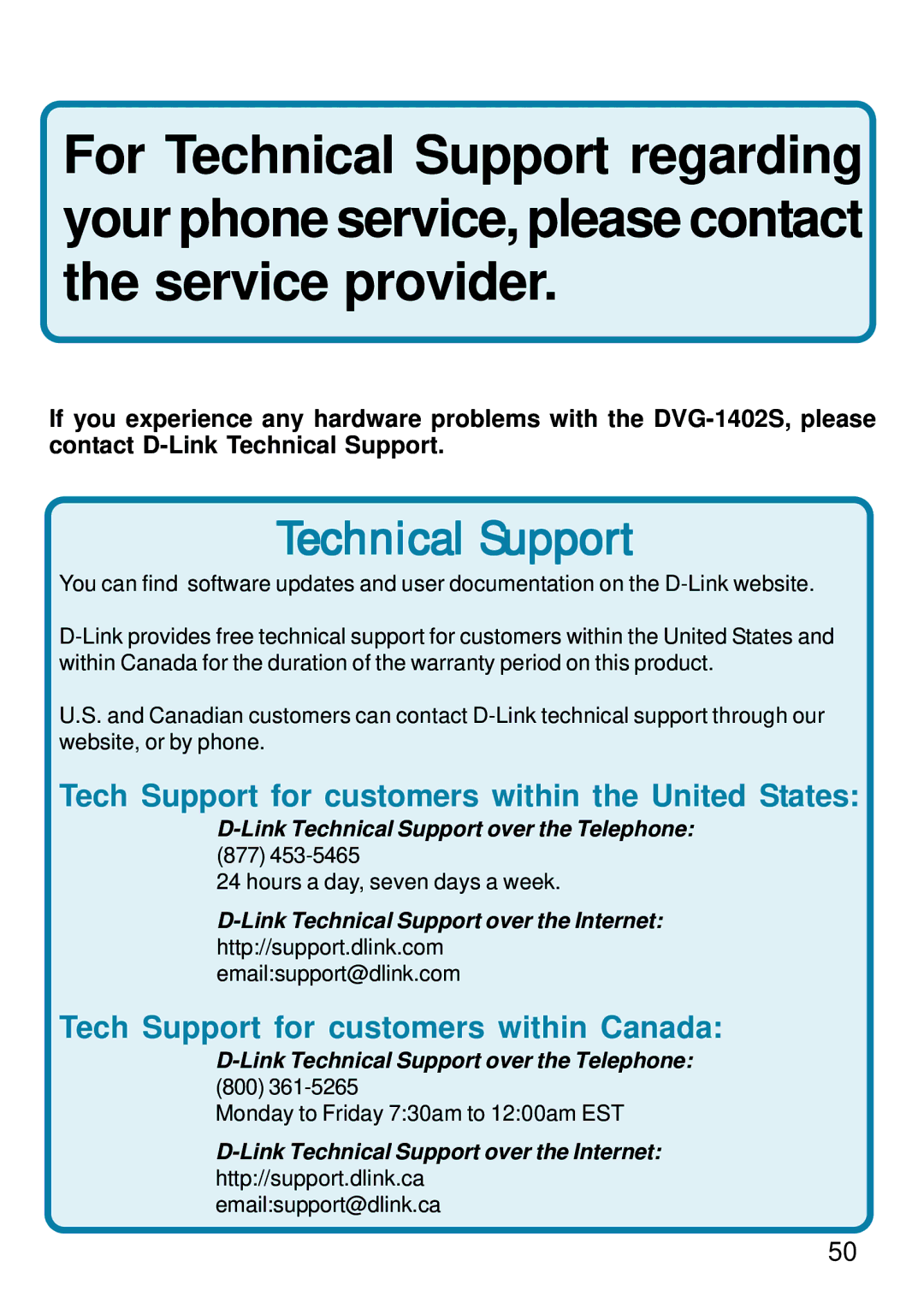 D-Link DVG-1402S manual Technical Support 