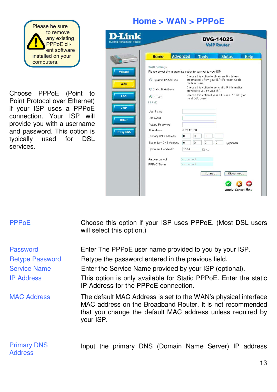 D-Link DVG-1402S manual Home WAN PPPoE 