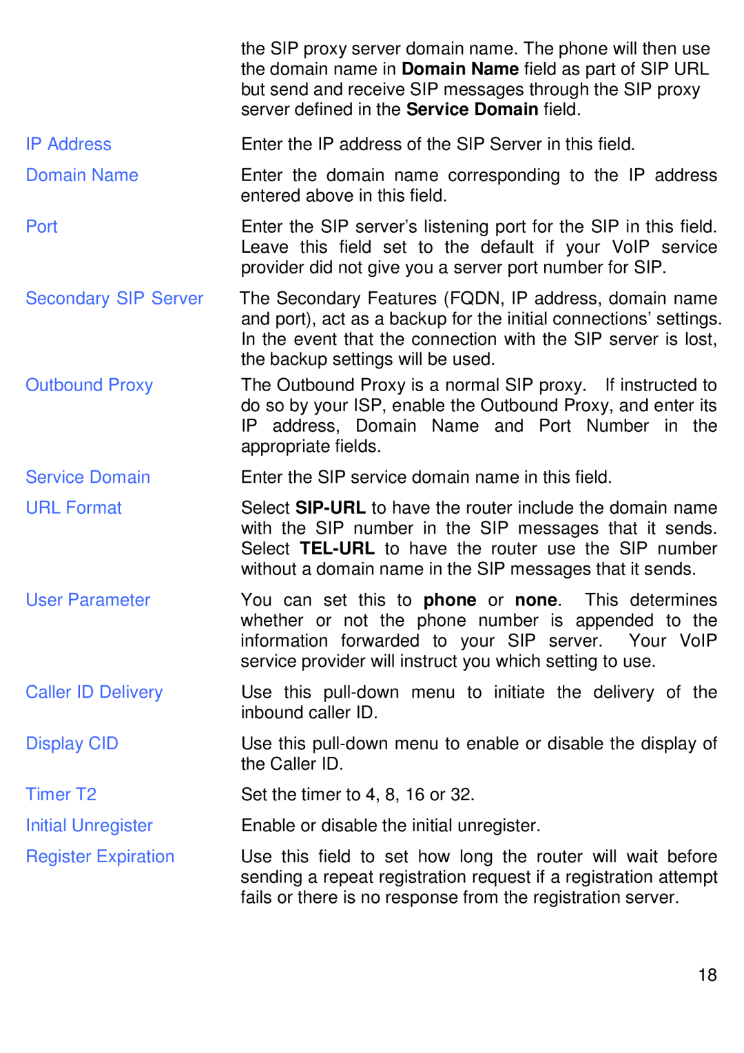 D-Link DVG-1402S manual Domain Name, Port, Secondary SIP Server, Outbound Proxy, Service Domain, URL Format, User Parameter 