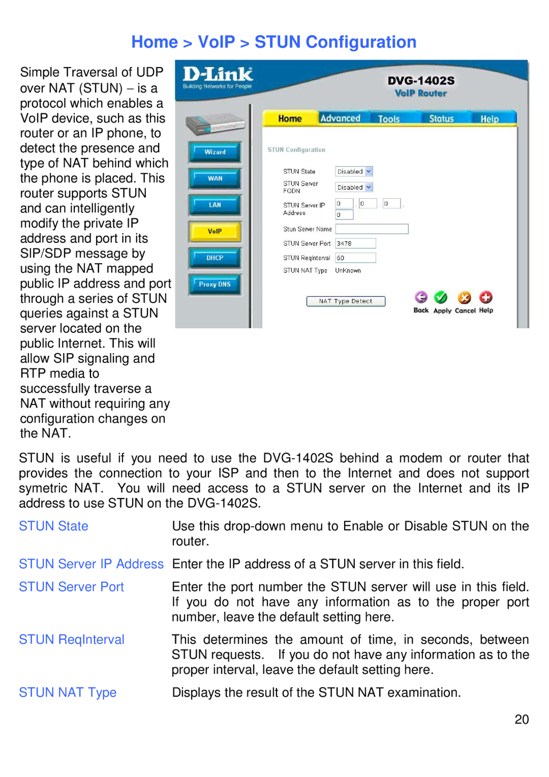 D-Link DVG-1402S manual Home VoIP Stun Configuration 