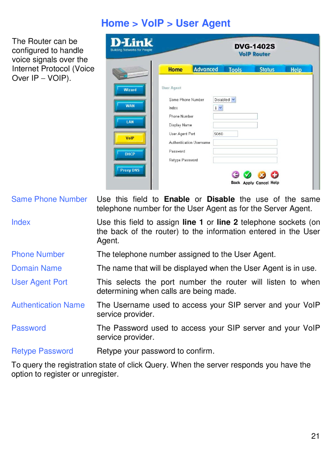 D-Link DVG-1402S manual Home VoIP User Agent 