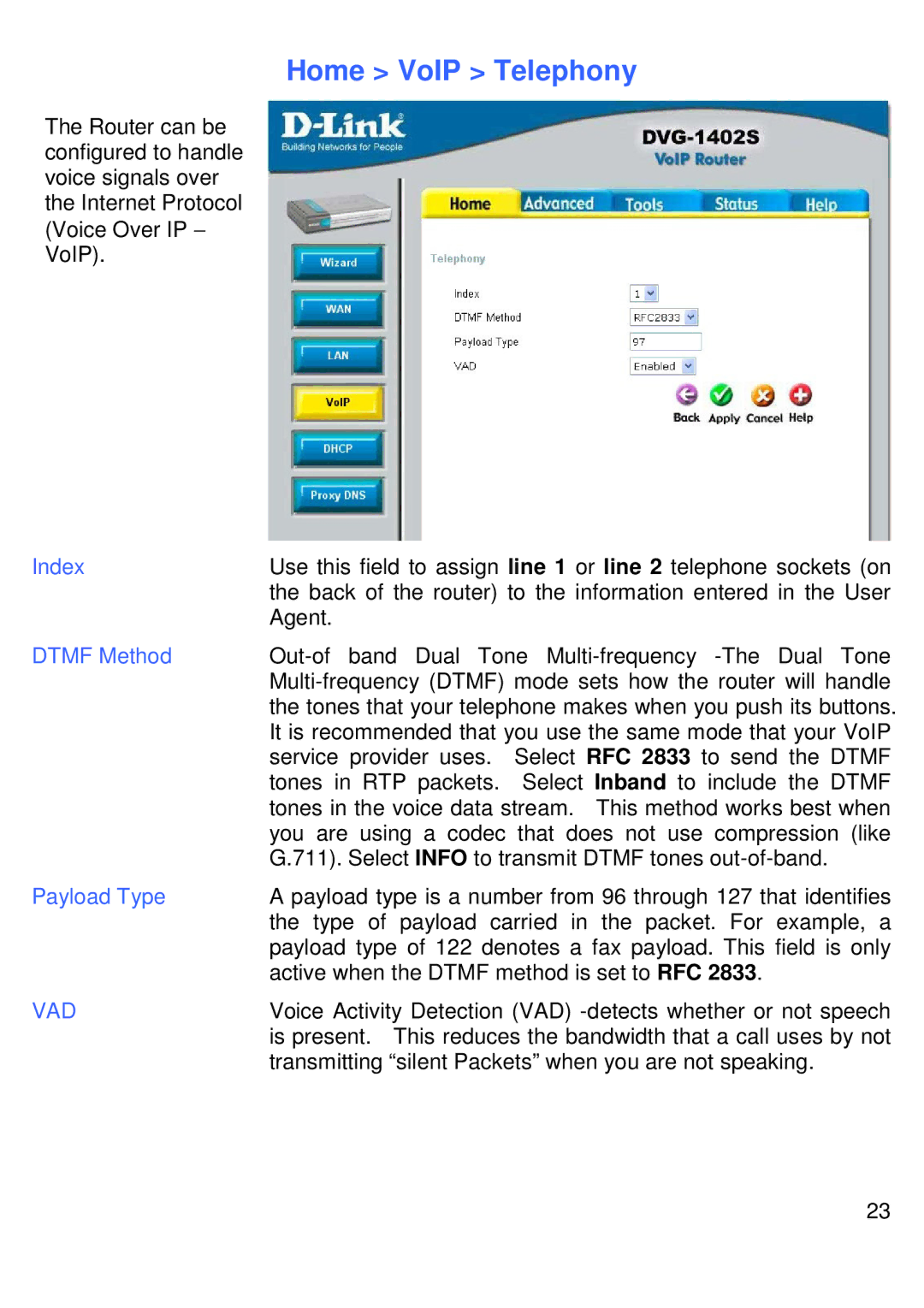 D-Link DVG-1402S manual Home VoIP Telephony, Index Dtmf Method Payload Type 