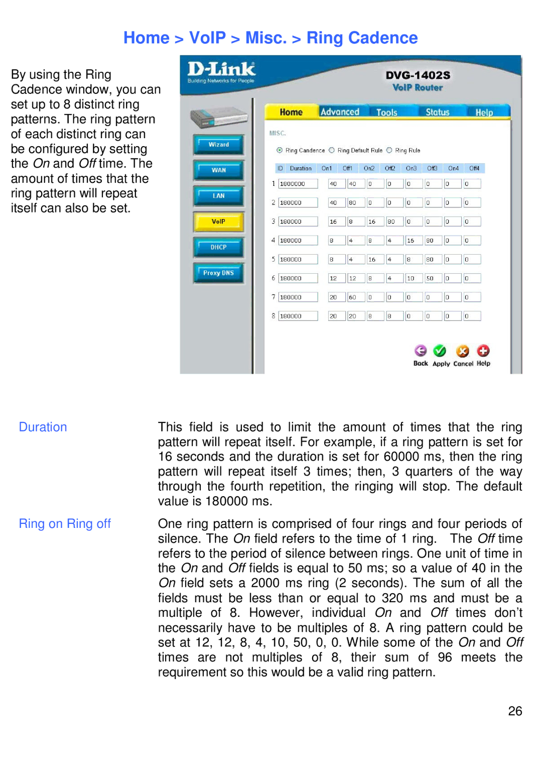 D-Link DVG-1402S manual Home VoIP Misc. Ring Cadence, Duration, Ring on Ring off 