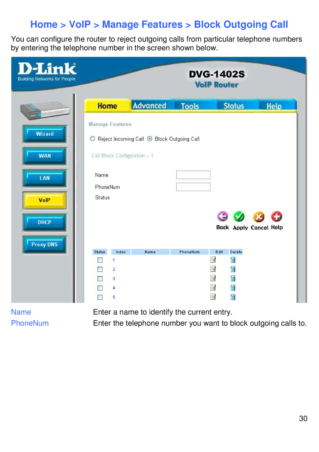 D-Link DVG-1402S manual Home VoIP Manage Features Block Outgoing Call 