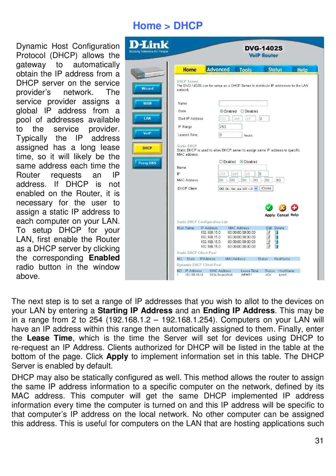 D-Link DVG-1402S manual Home Dhcp 