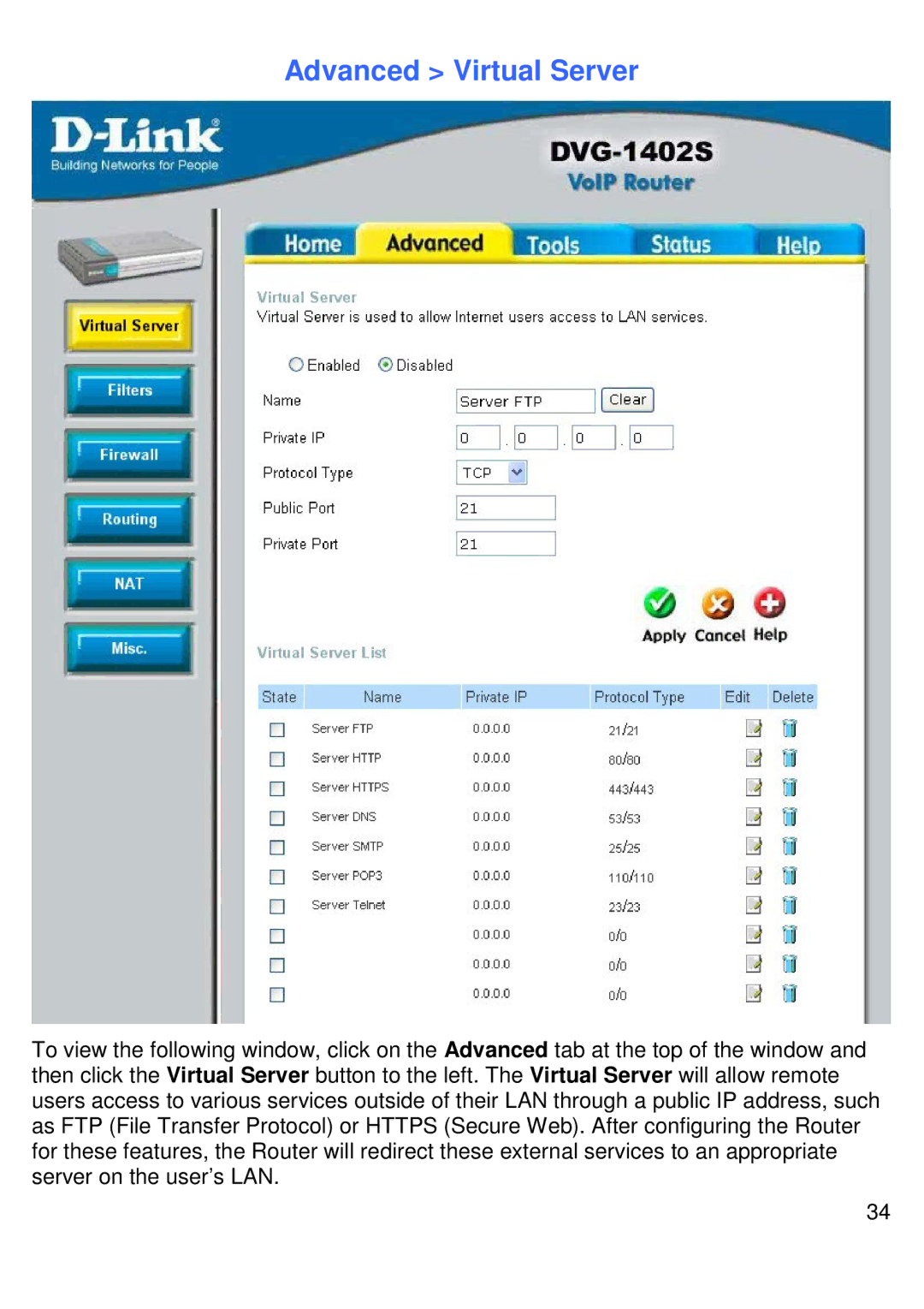 D-Link DVG-1402S manual Advanced Virtual Server 