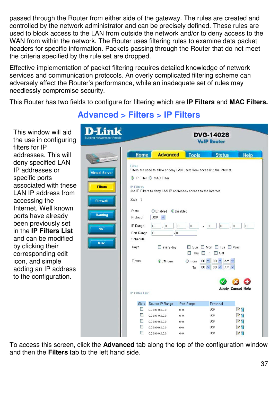 D-Link DVG-1402S manual Advanced Filters IP Filters 