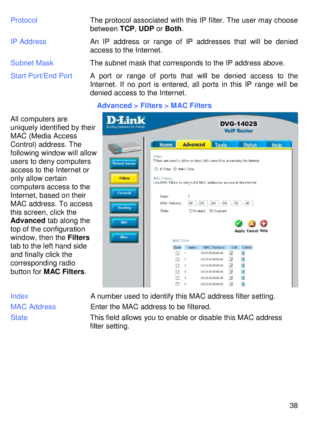 D-Link DVG-1402S manual Protocol, Start Port/End Port, State 