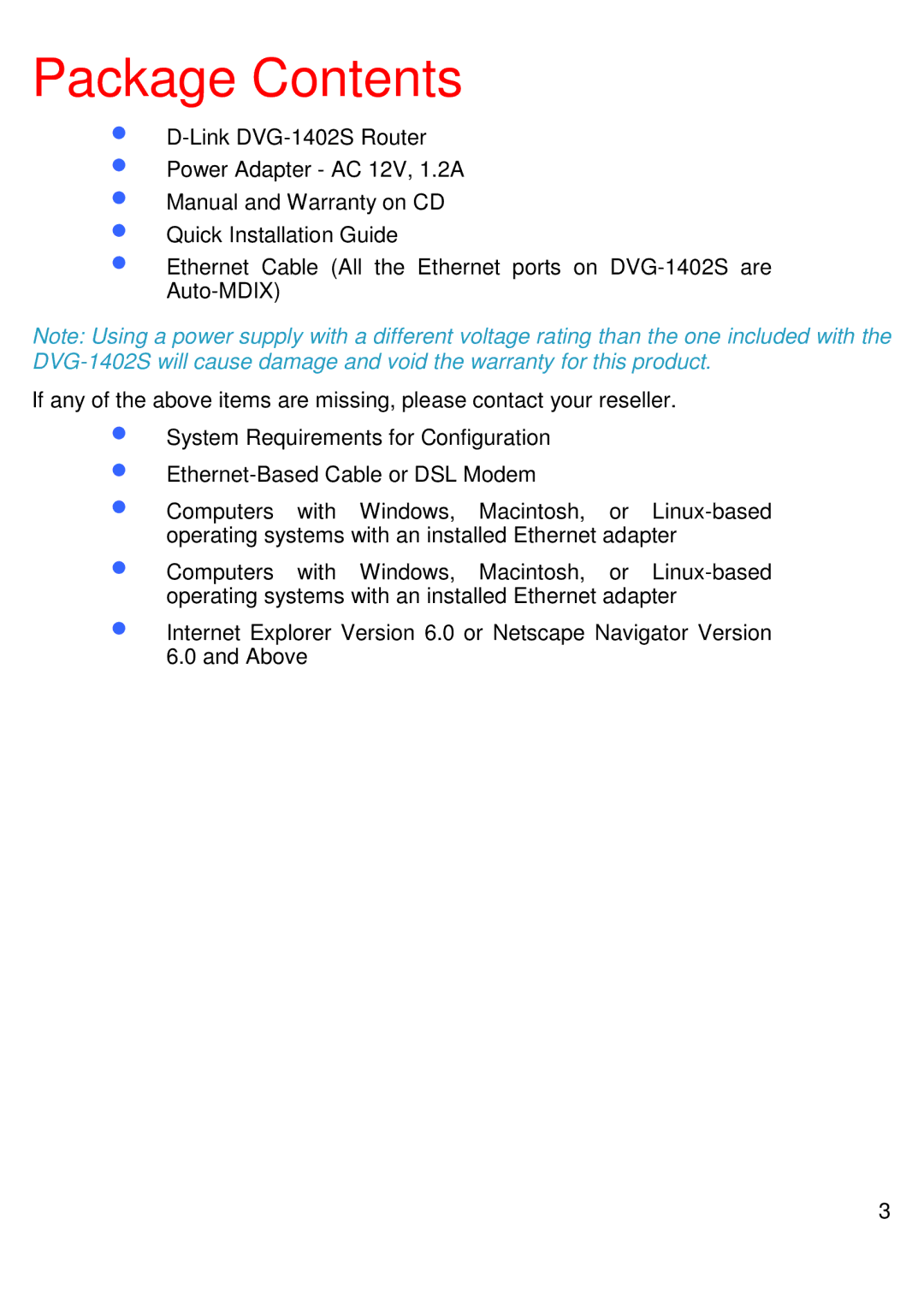 D-Link DVG-1402S manual Package Contents 