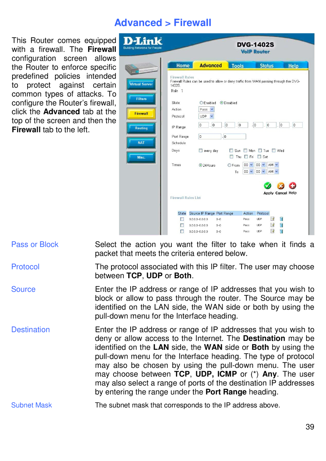 D-Link DVG-1402S manual Advanced Firewall, Pass or Block, Source, Destination 