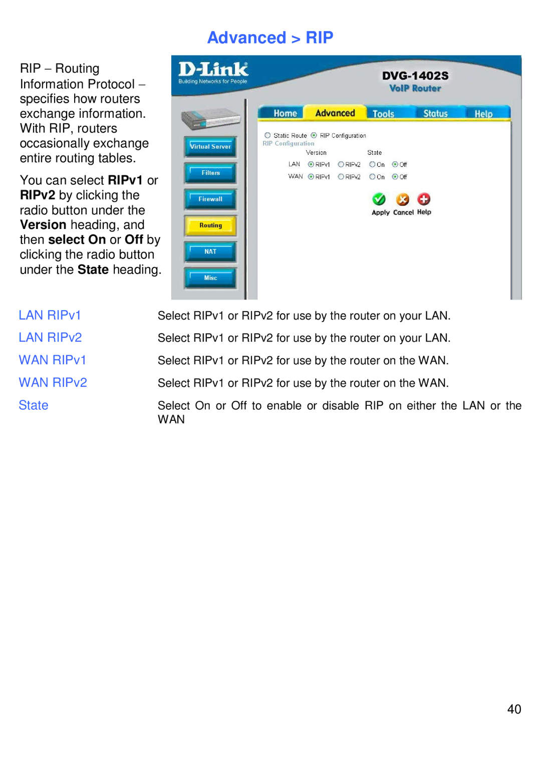D-Link DVG-1402S manual Advanced RIP, LAN RIPv1, LAN RIPv2, WAN RIPv1, WAN RIPv2 