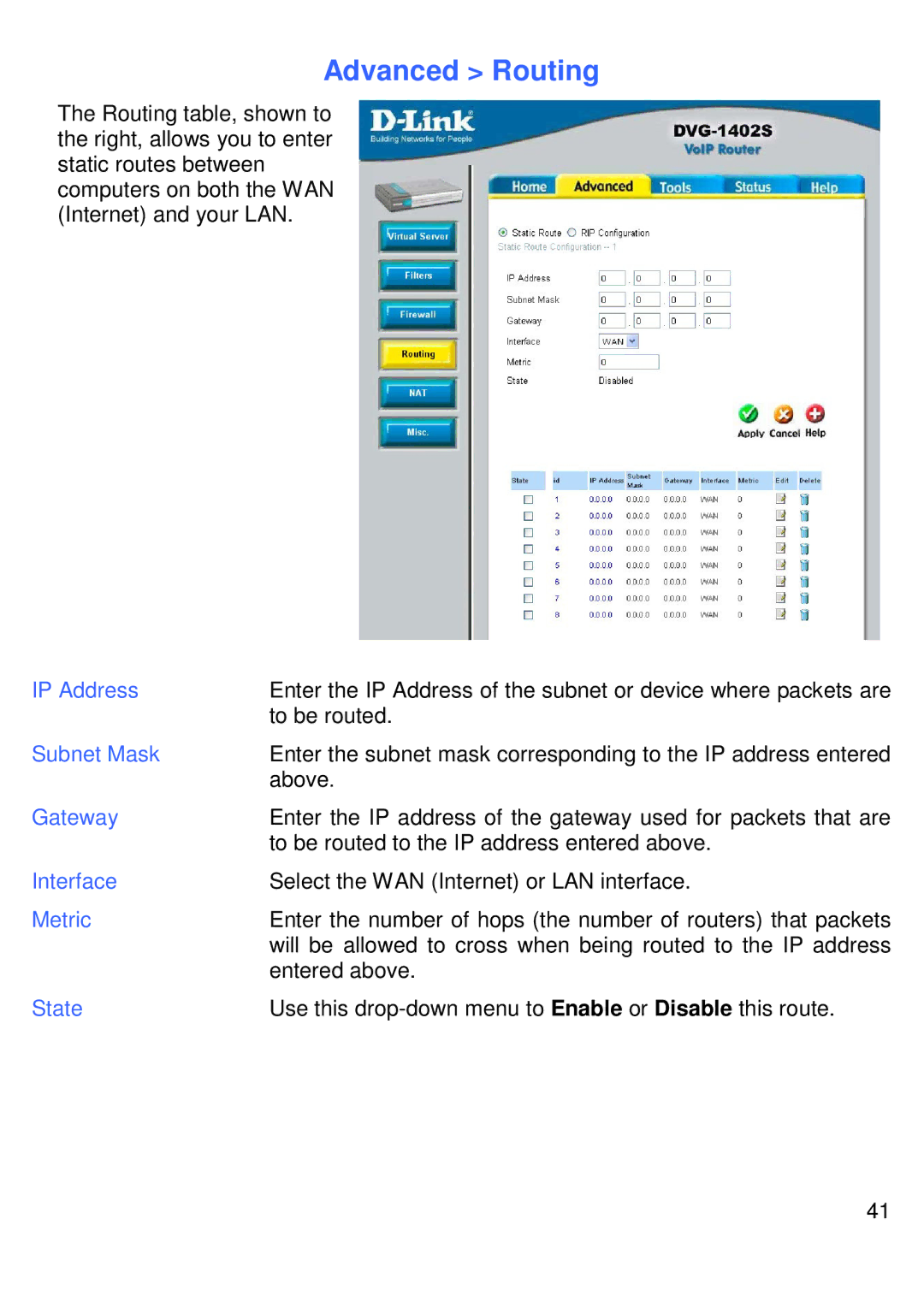 D-Link DVG-1402S manual Advanced Routing, Gateway, Interface, Metric 