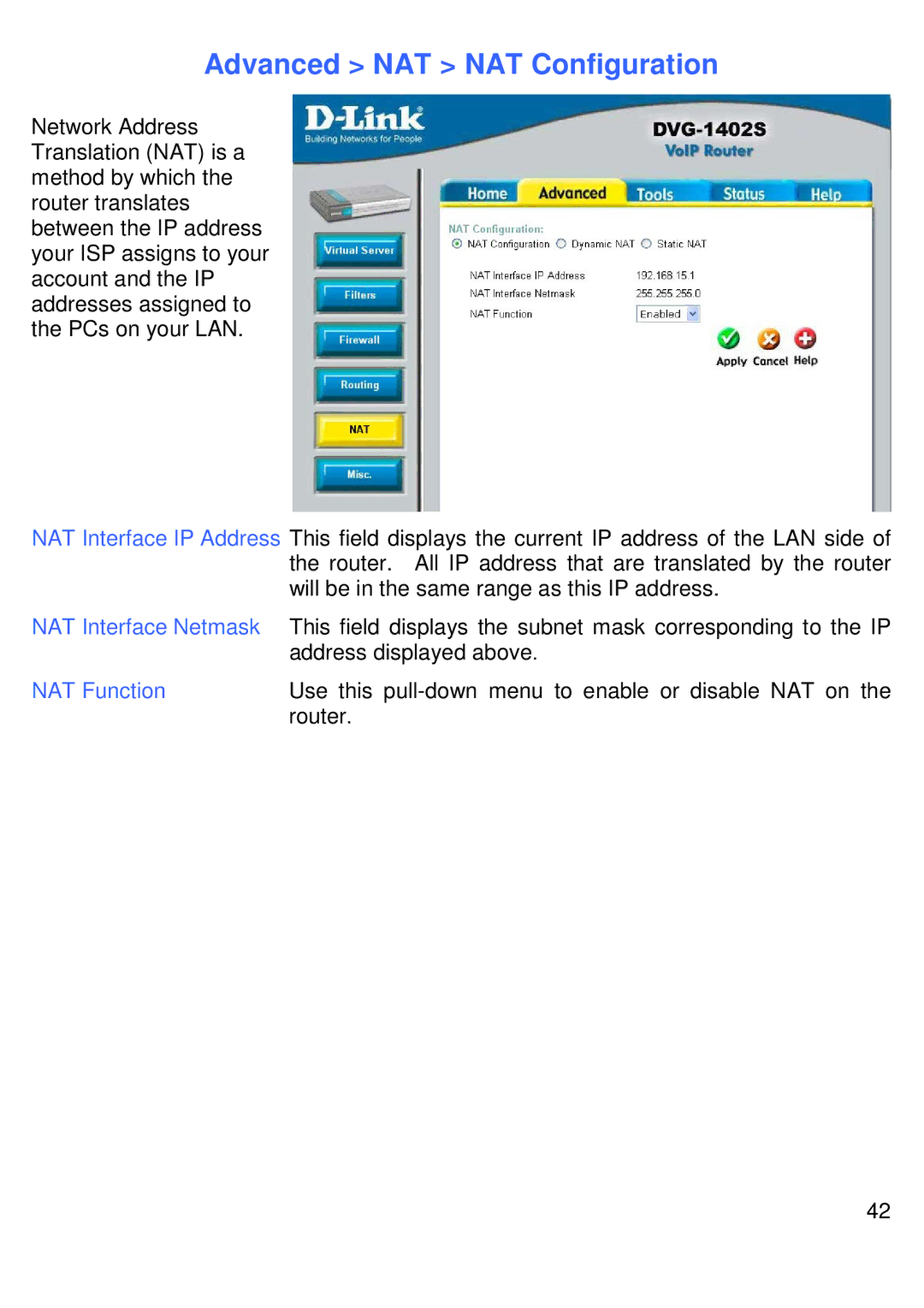 D-Link DVG-1402S manual Advanced NAT NAT Configuration, NAT Interface Netmask, NAT Function 