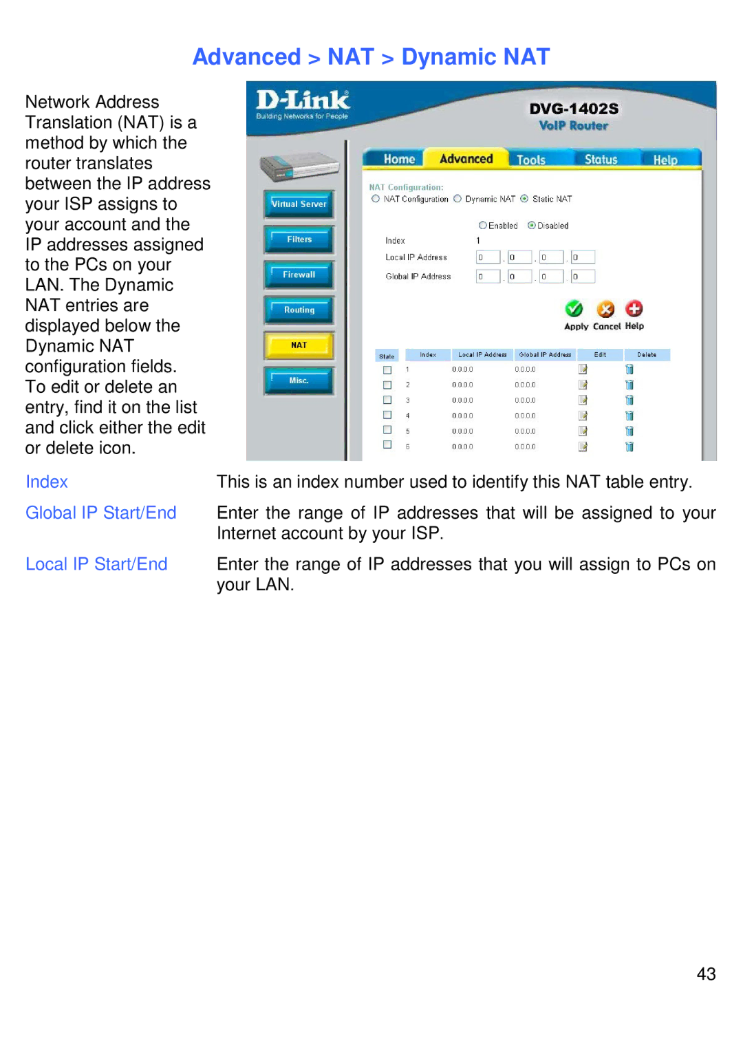 D-Link DVG-1402S manual Advanced NAT Dynamic NAT, Index Global IP Start/End, Local IP Start/End 