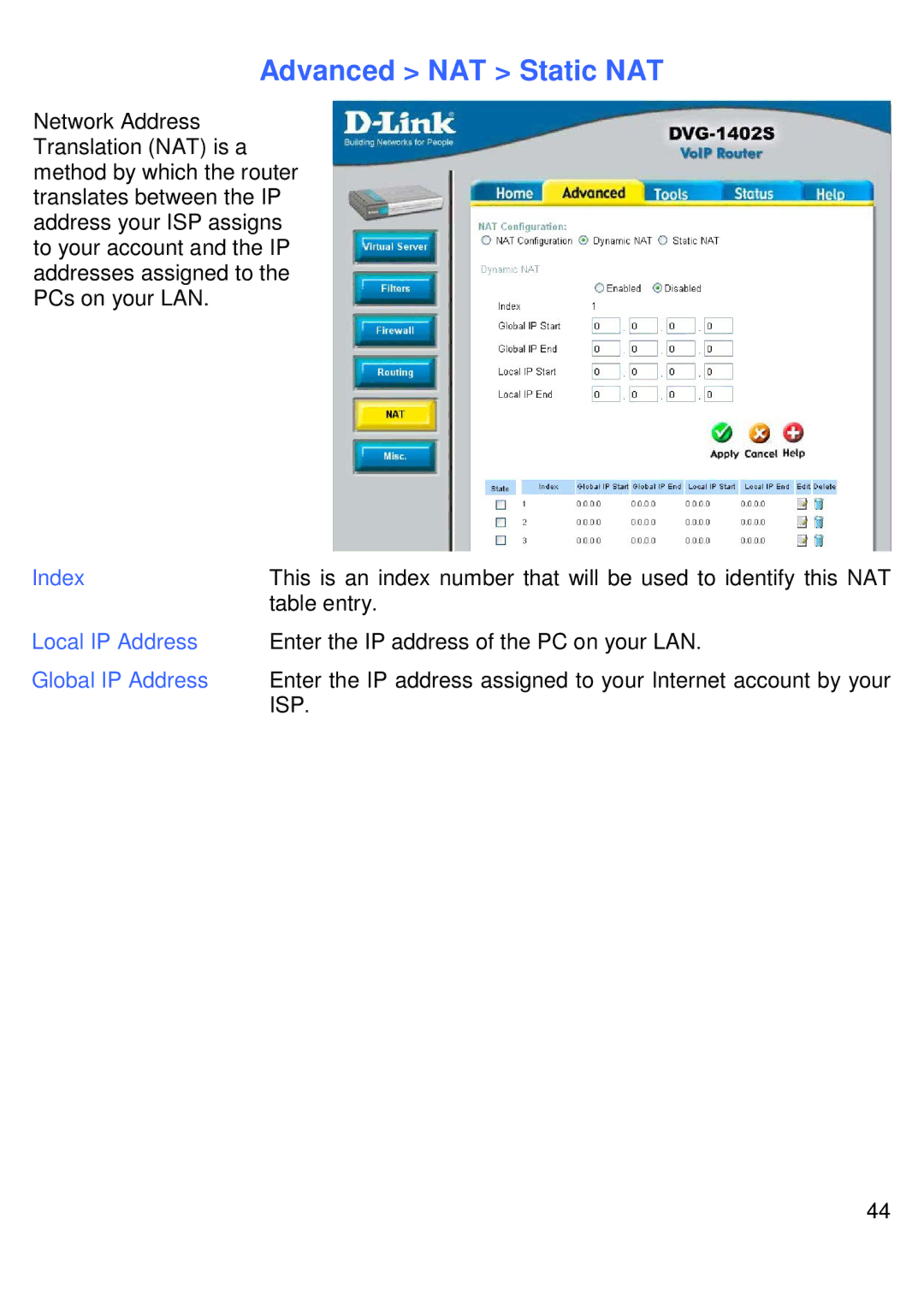 D-Link DVG-1402S manual Advanced NAT Static NAT, Local IP Address, Global IP Address 