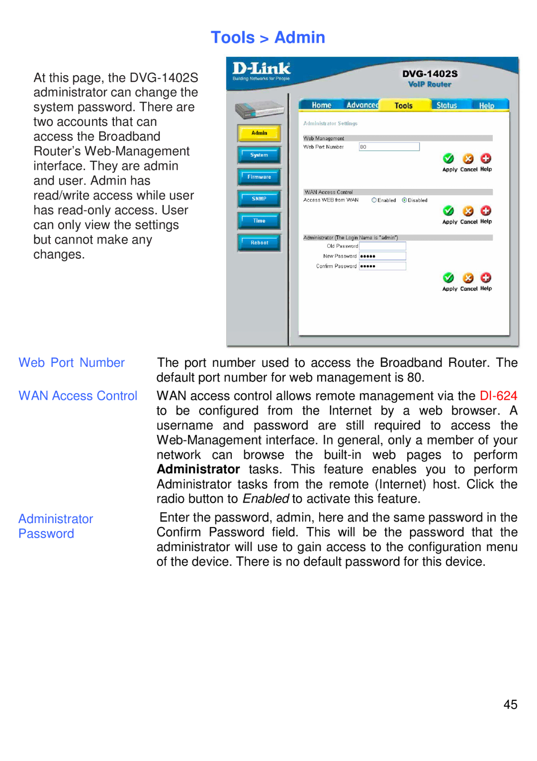 D-Link DVG-1402S manual Tools Admin, Web Port Number WAN Access Control Administrator Password 