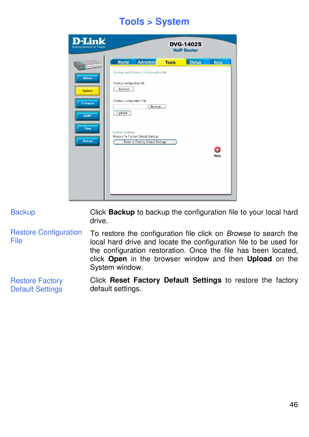 D-Link DVG-1402S manual Tools System 