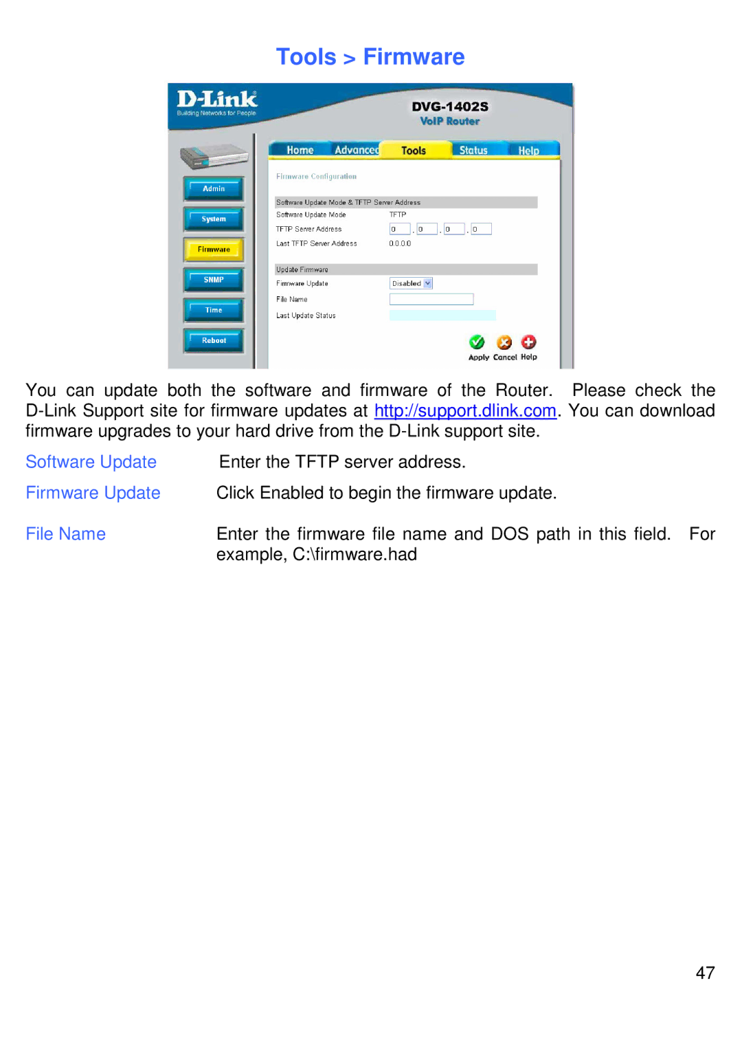 D-Link DVG-1402S manual Tools Firmware, Software Update, Firmware Update, File Name 