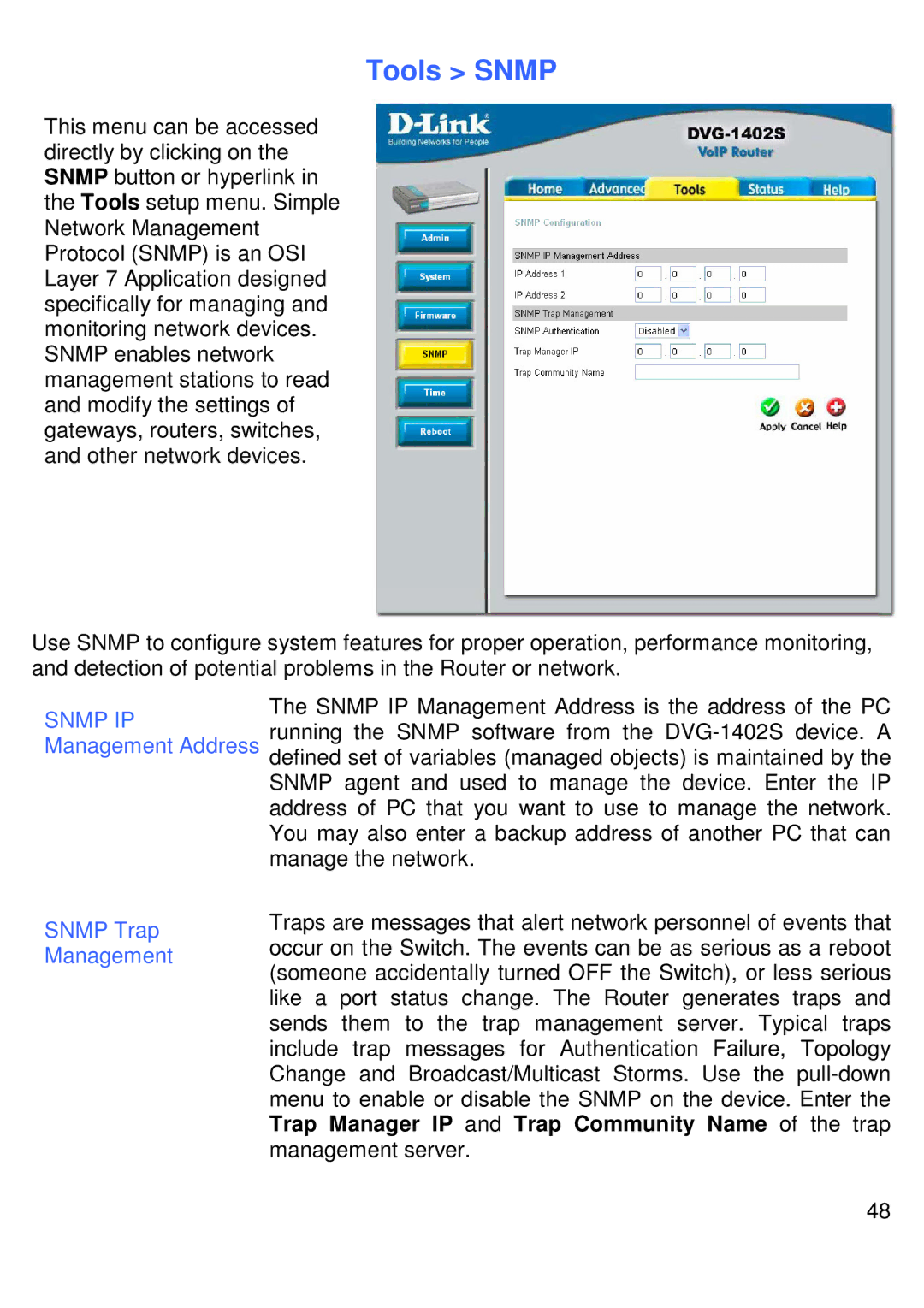 D-Link DVG-1402S manual Tools Snmp, Snmp Trap Management 