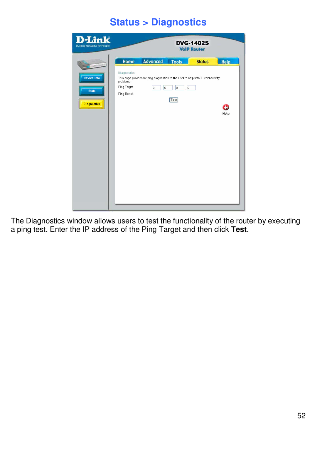 D-Link DVG-1402S manual Status Diagnostics 