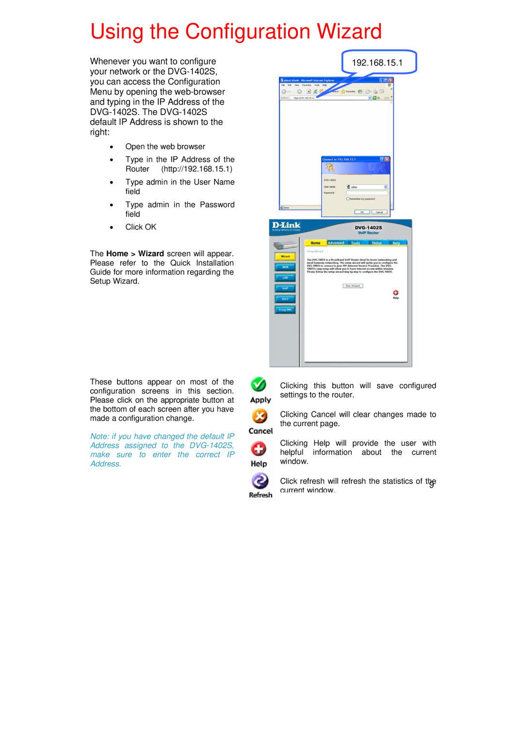 D-Link DVG-1402S manual Using the Configuration Wizard, 192.168.15.1 