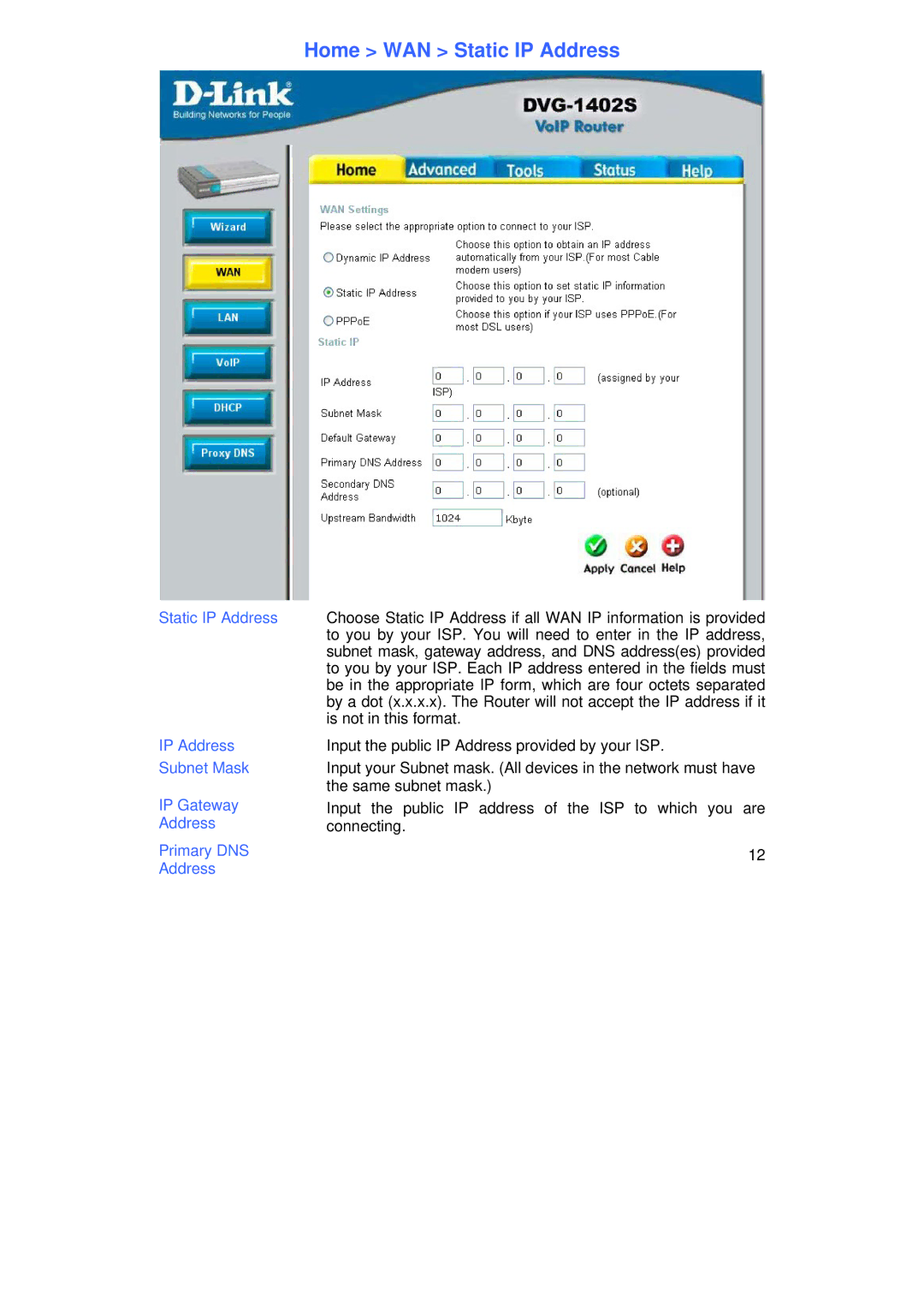 D-Link DVG-1402S manual Home WAN Static IP Address 