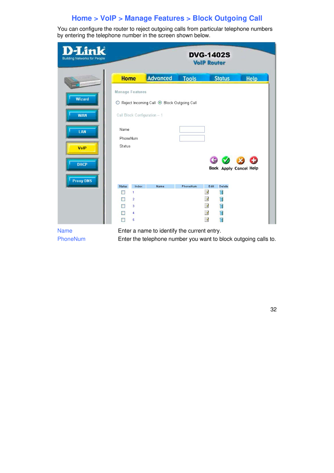 D-Link DVG-1402S manual Home VoIP Manage Features Block Outgoing Call 