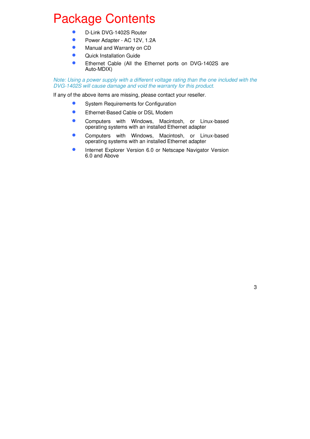 D-Link DVG-1402S manual Package Contents 