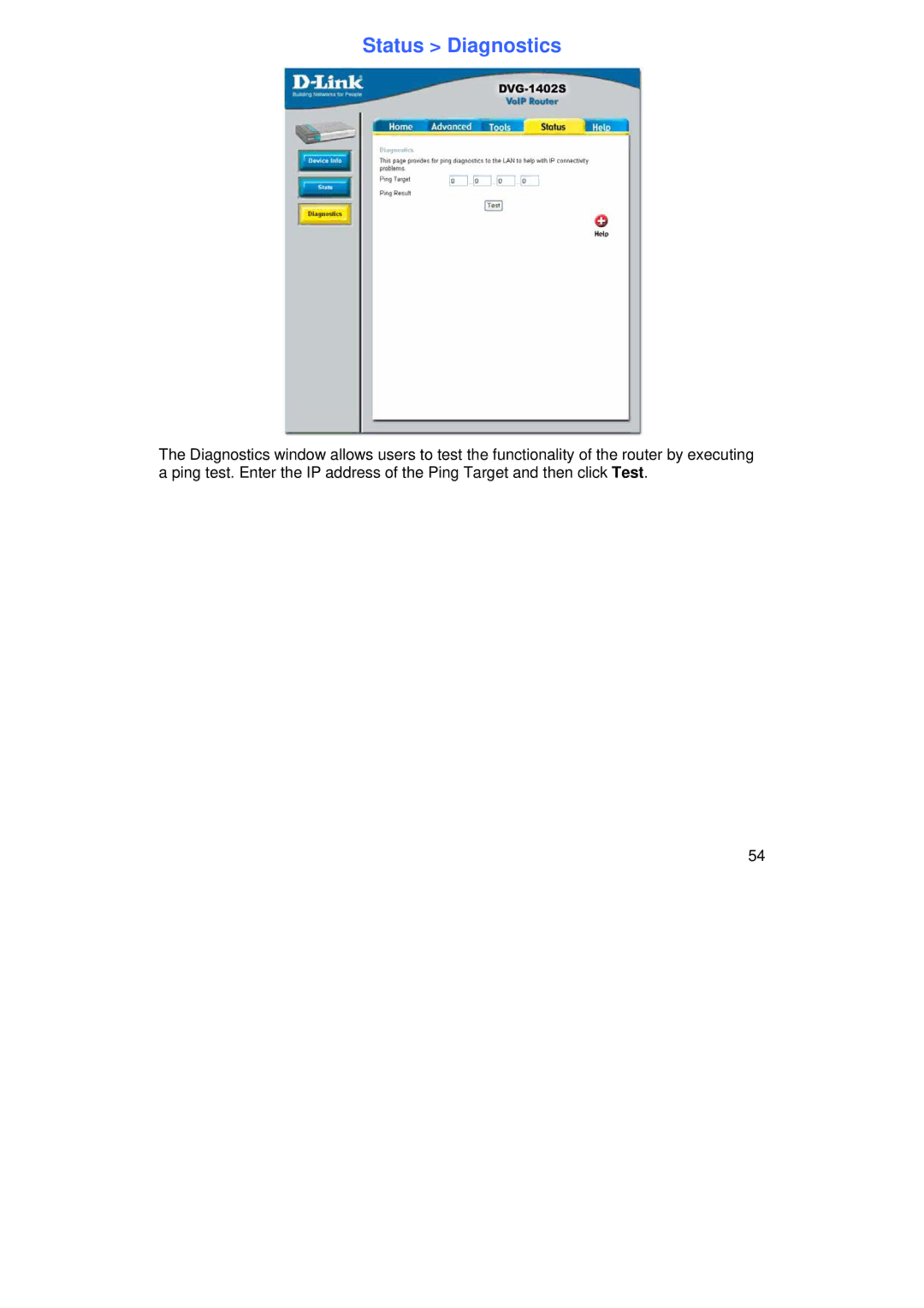 D-Link DVG-1402S manual Status Diagnostics 