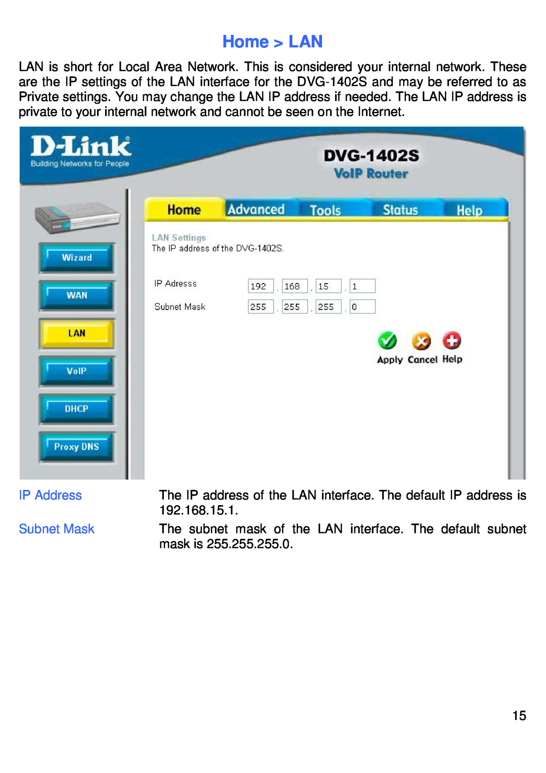 D-Link DVG-1402S manual Home LAN, IP Address, Subnet Mask 